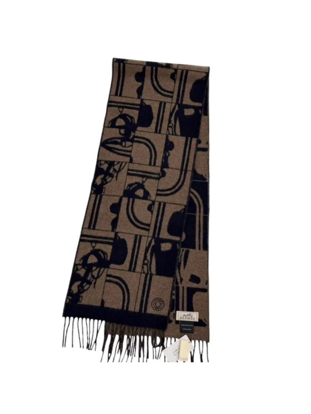 Hermes Brid Gala Cashmere Clou de Selle Embroidery Fringe Scarf Marine Etoupe